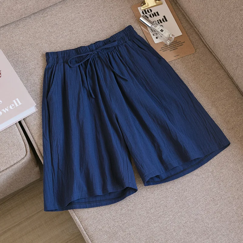 Women's Shorts High Waist Cotton Two Pocket Casual Summer Wear - Navy