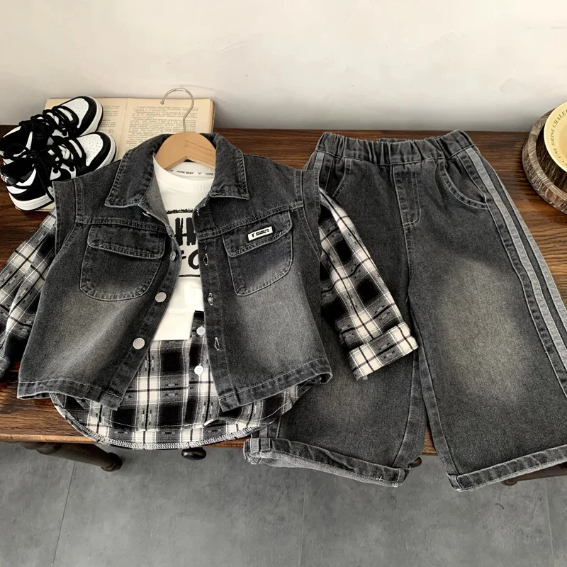 Boys Set 2025 Autumn Spring Korean Style Fashion Denim Vest Patchwork Plaid T-shirt Loose Jeans Three Piece Set
