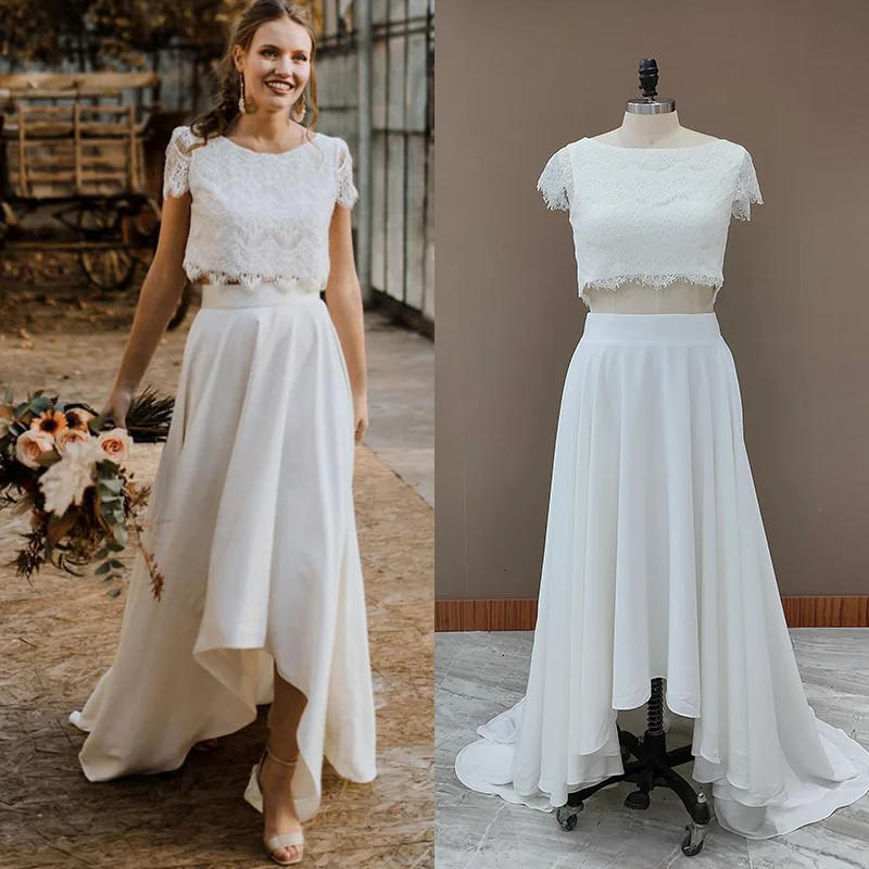 9399 #   Personalizado duas peças vestidos de casamento renda superior manga curta vestido de noiva jóia pescoço praia vestido de casamento vestidos de novia