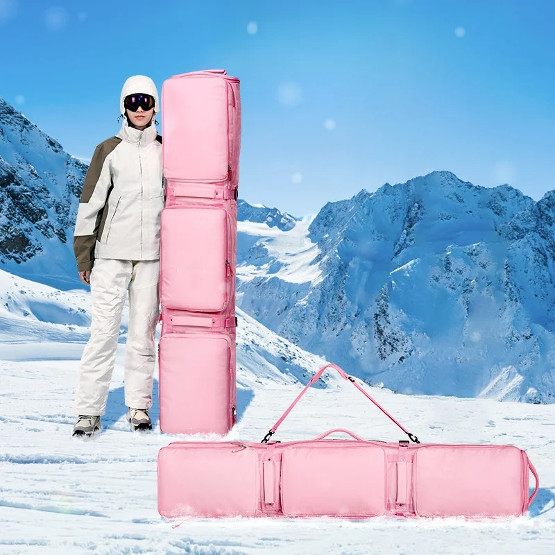 Pink/Black Winter Skiing Bag with Rolling Wheel Padded Polyester Waterproof Bag Adjustable Length 3 Separation Storage Board Bag