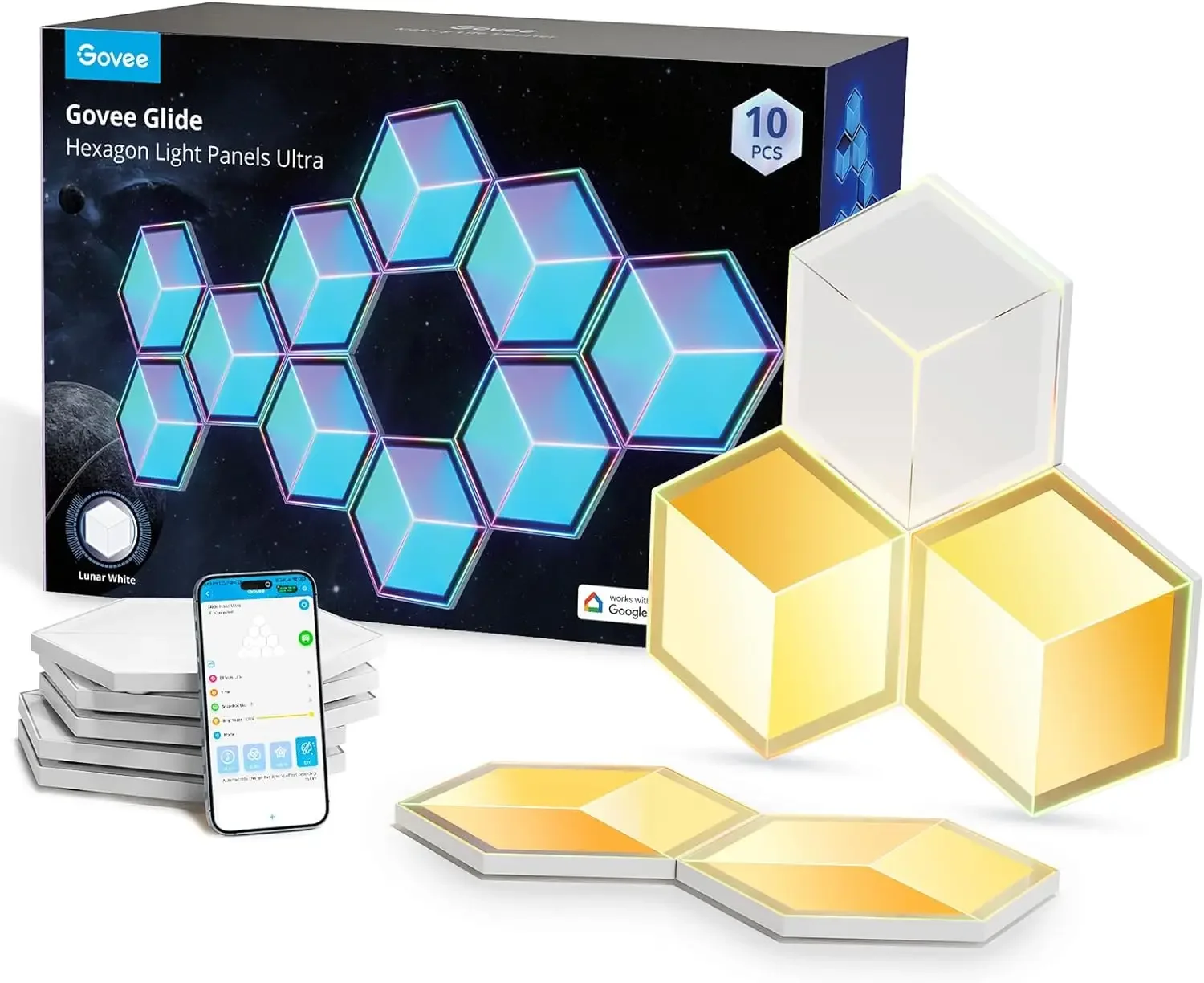 Paneles de luz hexagonales Glide Ultra, luces de pared 3D con programa de bricolaje, 60 escenas y 129 cuentas de lámpara nuevas