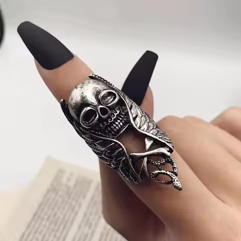Retro Skull Wings Knuckle Ring For Women Men Silver Color Punk Gothic Open Ring Designer Jewelry Cosplay Halloween Accessories
