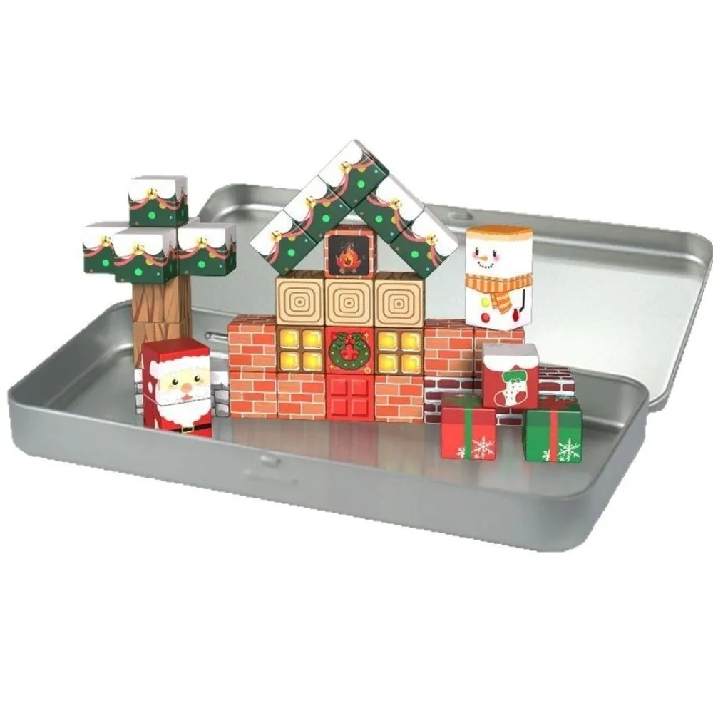 Vrolijk kerstfeest magnetische bouwstenen Veilig en duurzaam 45-delige magneetkubus met opbergdoos Educatieve bouwset
