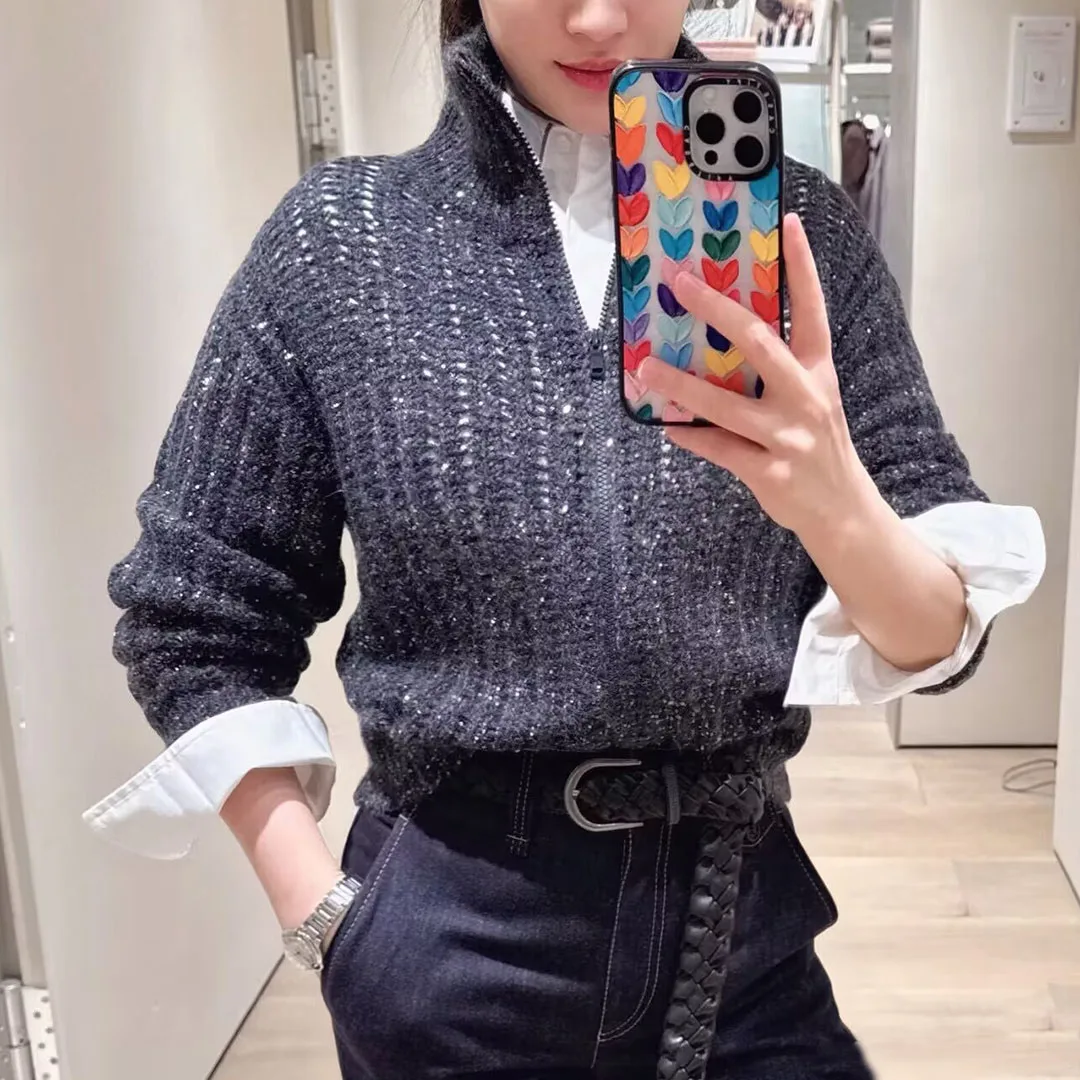 

Gray Color Yarn Knitted Sequins Embroidery Loose Lazy Style Sweater Women Stand Collar Long Sleeve Zipper Cashmere Cardigans