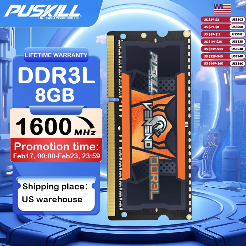 PUSKILL Veneno DDR3L Memória RAM Laptop 8GB 1600MHz 1.35V PC3 204-PIN SODIMM Notebook Memoria Memory