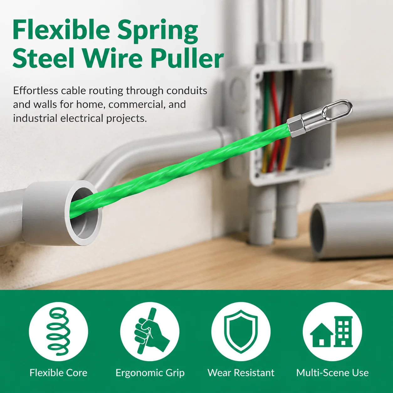 Green Electrician Wire Puller Flexible Fish Tape Spring Steel Core for PVC and Metal Conduit Wall and Pipes Cable Routing Tool