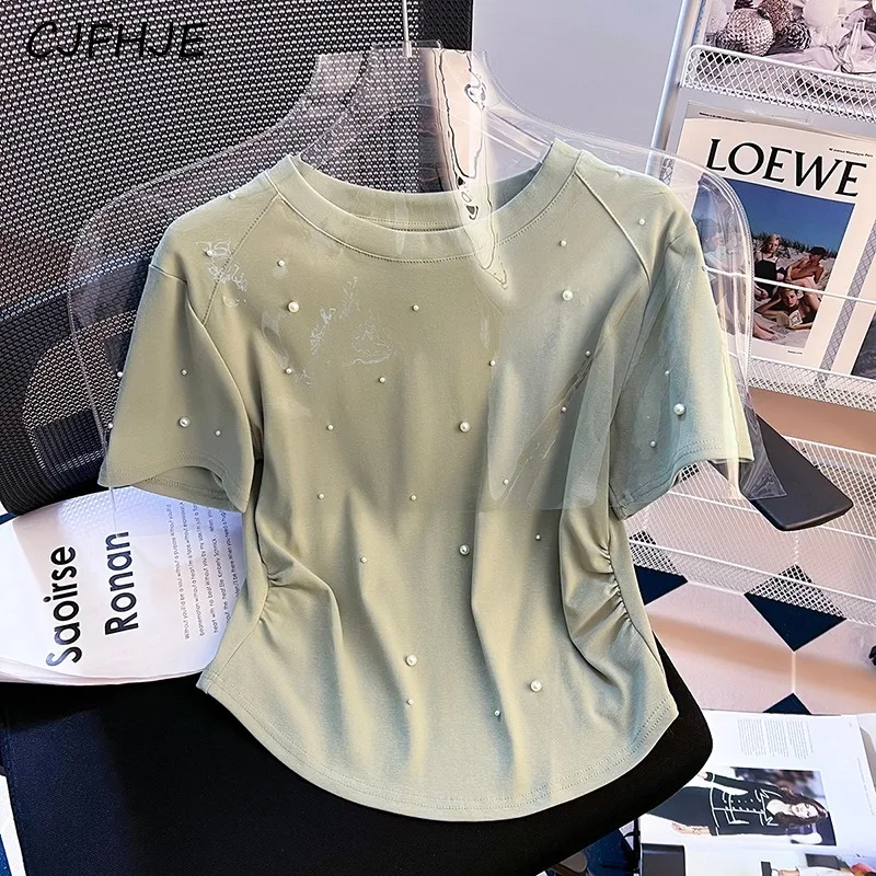 

CJFHJE New Women's Fashion Solid Color Wrinkled Short Sleeve T-shirt Summer Korean Classic Versatile Beaded Slim Fit Women Top