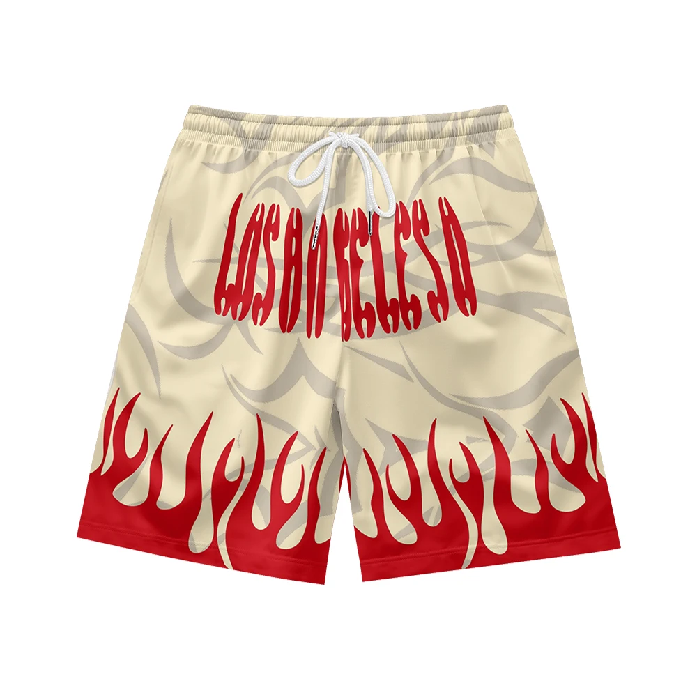 Flame LOS ANGELES pattern suitable for daily wear, simple temperament, casual trend, summer men's drawstring beach sports shorts