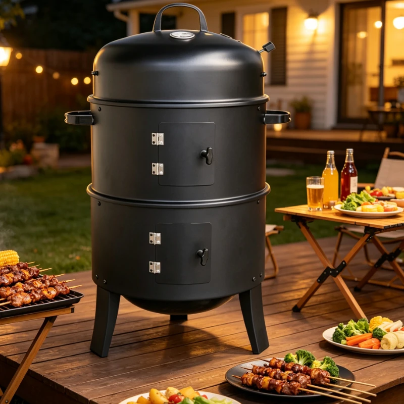 Vertical Charcoal Smoker Grill 2 Tier BBQ Barrel with Lid and Legs Outdoor Meat Fish Sausage Smoking Cooking Oven Black