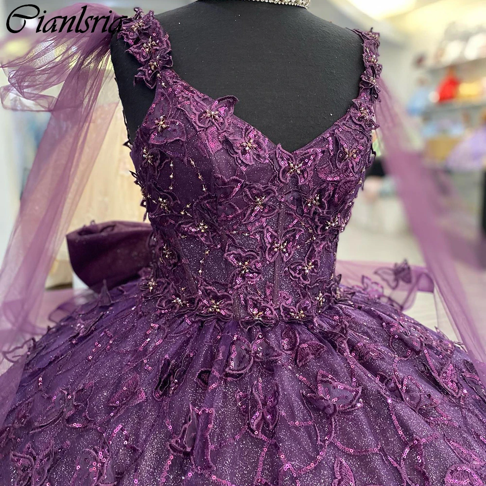 Vestido De baile De quinceañera con lentejuelas púrpuras, cintas De encaje, hombros descubiertos, corsé con lazo De mariposa 3D, 15 Años