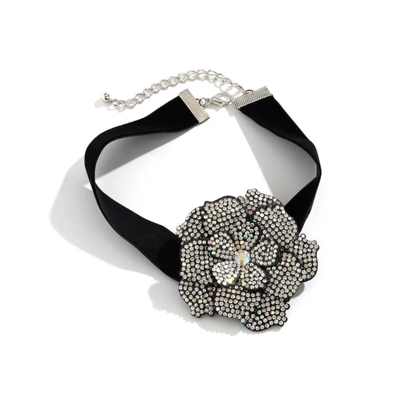 Geometric Rhinestones Necklace Elegant Romantic Flocking Cloth Flower Bracelet Adjustable Choker Exaggerated Jewelry