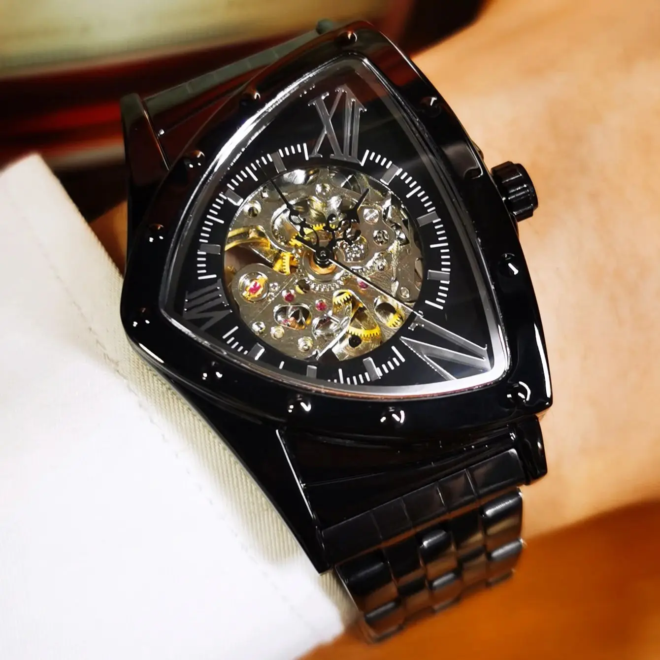 WINNER Military Triangle Automatic Watch for Men Luxury Gold Skeleton Mechanical Watches Stainless Steel Strap Sports Wristwatch