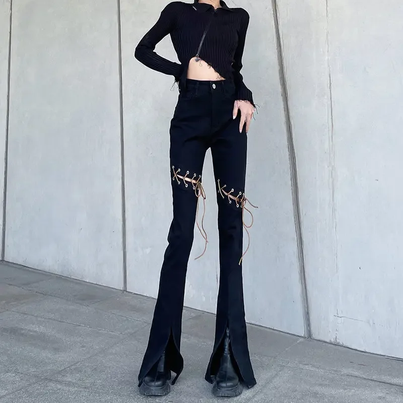 Black Womens Jeans with Slits High Waist Shot Flared Pants for Women Bell Bottom Flare Trousers Vibrant 2024 Korean Style Medium