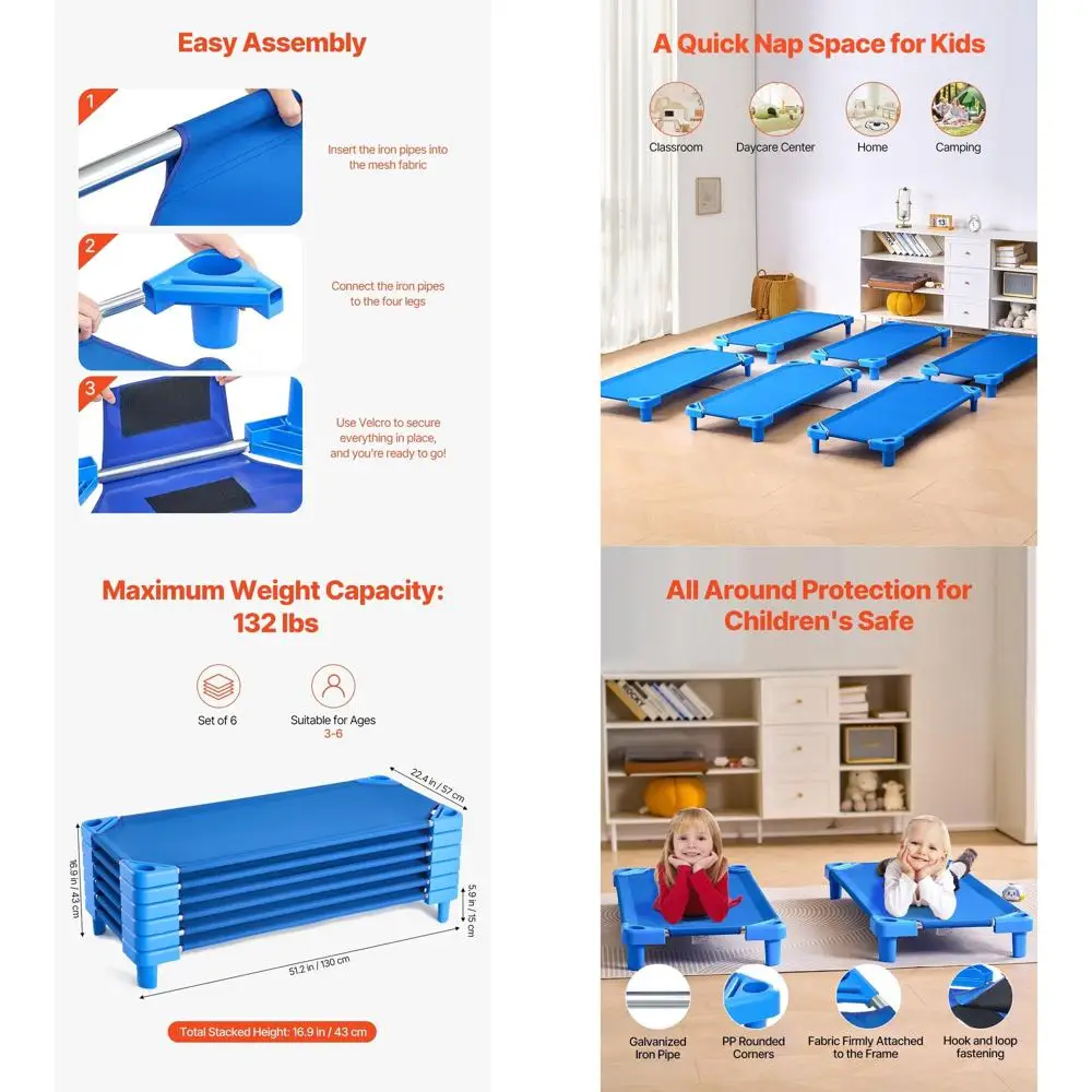 

Набор из 6 портативных кроваток для малышей, складывающиеся кровати для детских садов, 52 дюйма x 23 дюйма, синие