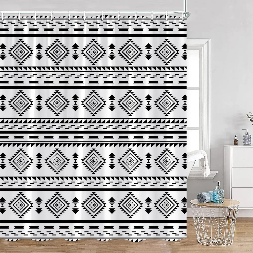 Boho Mandala Shower Curtains Black and White Striped Pattern Astrology Retro Bath Decorations Vintage Bohemian Bathroom Curtain