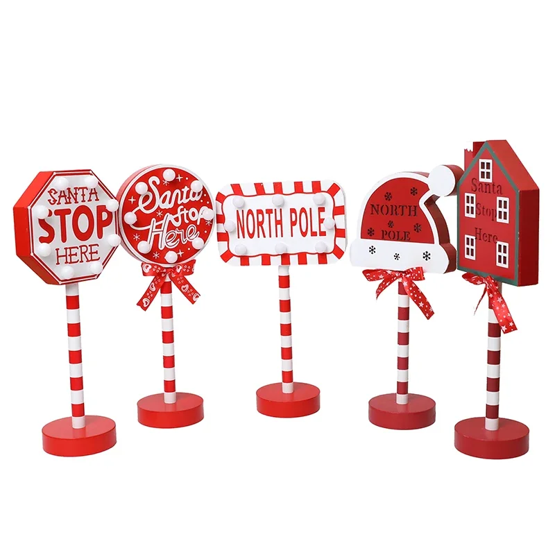 Lampada natalizia a LED Babbo Natale Stop Here Cartello stradale Natale Ornamenti da tavolo in legno Luce 2024 Decorazione natalizia per la casa Regali di Capodanno