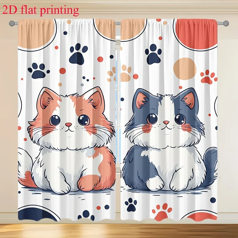 

Cute Cartoon Cat Curtain, Adorable Kitten and Paw Print Pattern, Pastel Color Kids Room Window Drapes for Girls and Boys