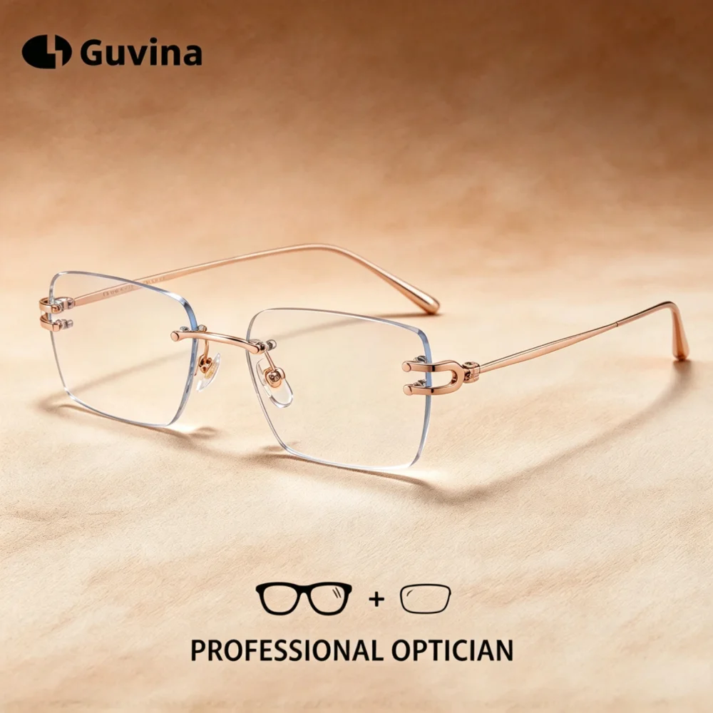 Guvina Square Pure Titanium Rimless Anti Blue Light Reading Glasses Anti-Reflection Myopia Photochromic Progressive Eyeglasses