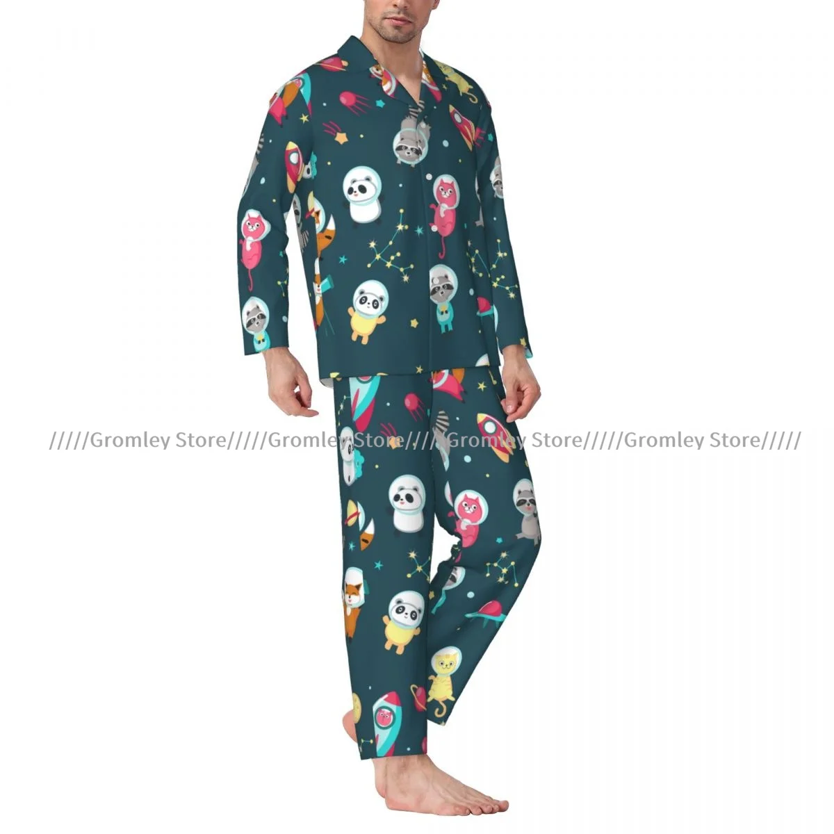 Men Pajama Sets Cute Animals Astronauts Panda Raccoon Cat And Fox In Outer Space Sleepwear Long Sleeve Nightwear Male Homewear