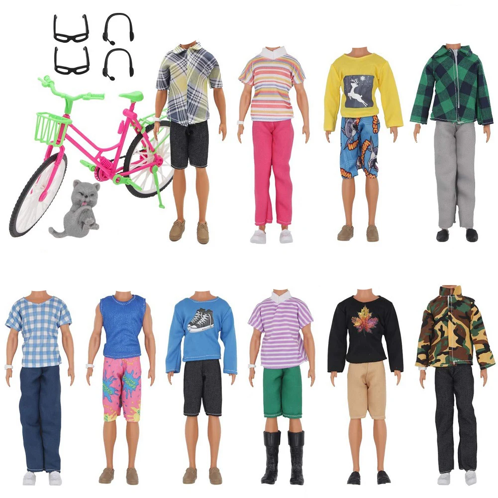 Conjunto de roupas cor aleatória para Ken Doll, camisa, calças, mini óculos, bicicleta, boneca Barbie, namorado, príncipe, roupas, 26pcs