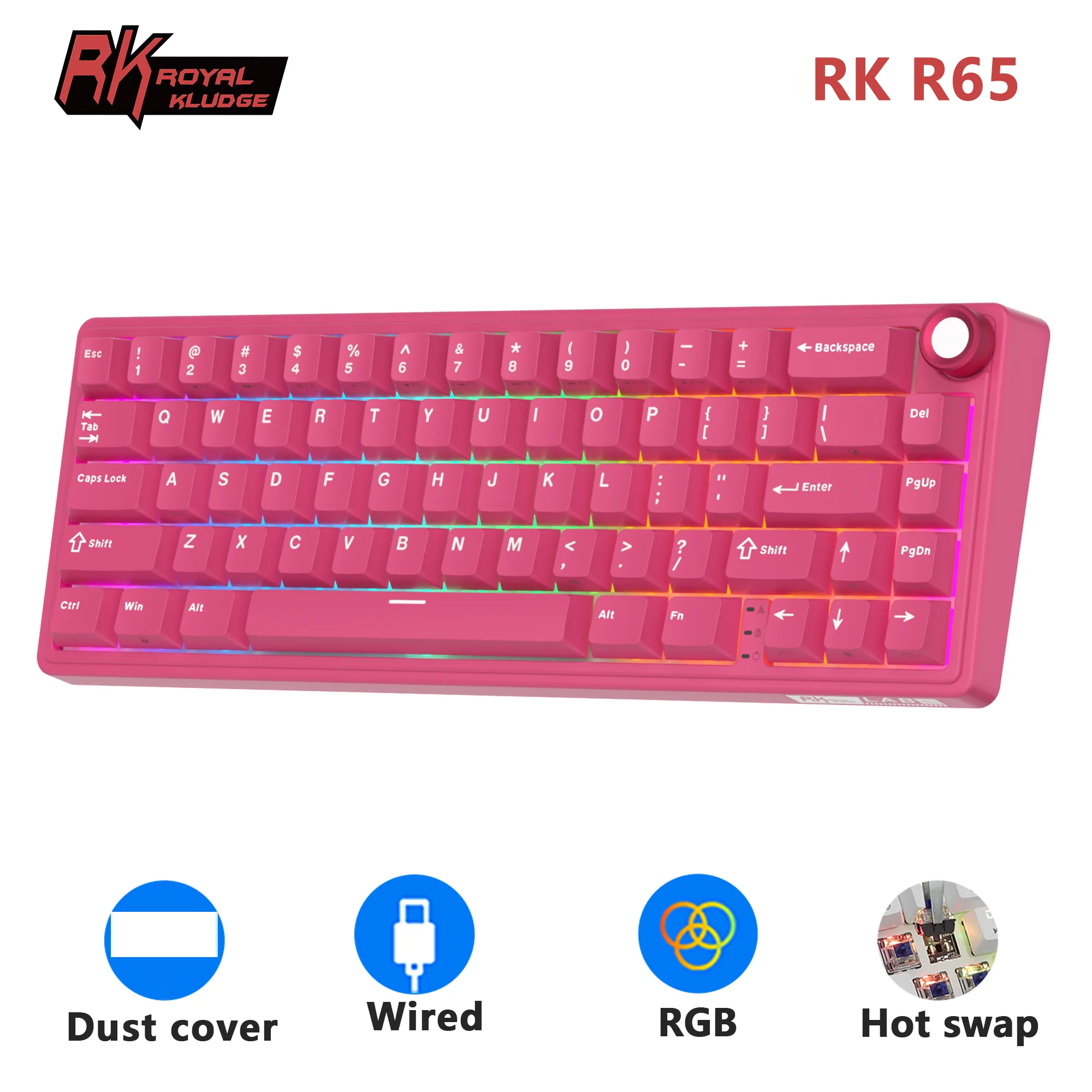 RK Royal Kludge R65 Gasket Mechanical Keyboard 65% 66 Key PBT Keycaps RGB Backlit Hot-swappable Wired Gamer Keyboard Volume knob