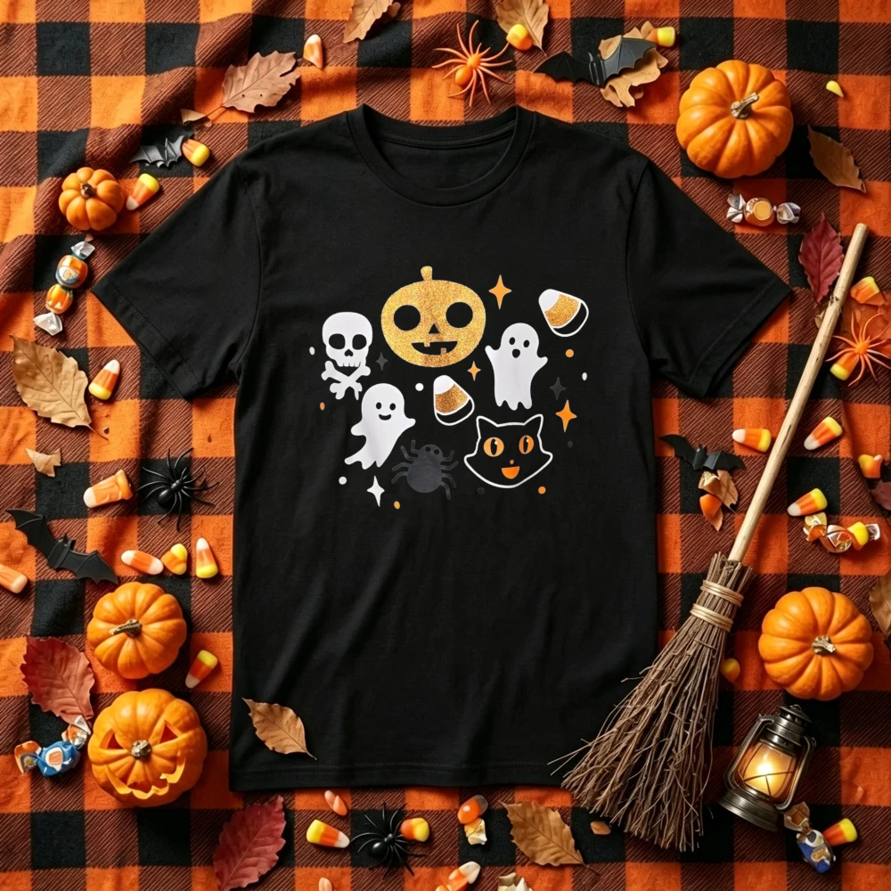 Halloween Mixed Spooky Icons Graphic T‑Shirt Pumpkin Ghost Skull Crossbones Black Cat Spider Candy Corn Star Cute Spooky Tops