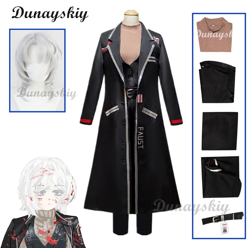 Game Limbus Company Faust Cosplay Costume Wig Black Uniform Top Pants  Women Girls Outfits Halloween Carnival Party Suit