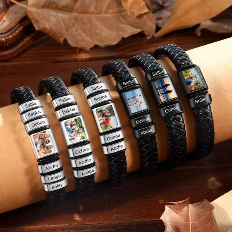 Personalized Photo Name Bracelet for Men Custom Picture Bracelet Leather Engraved Name Bracelet Jewelry Gift for Men Boy Husband