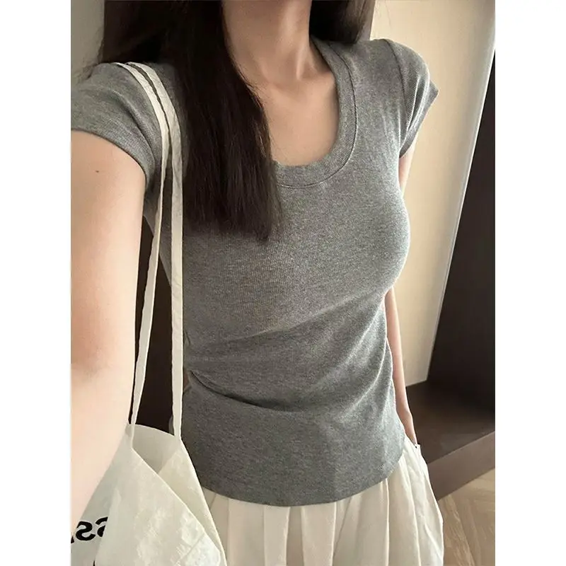 

Salt-style large round neck with straight shouldersTWomen's summer tops2025Elastic short-sleeved, versatile, slim-fit, and figur