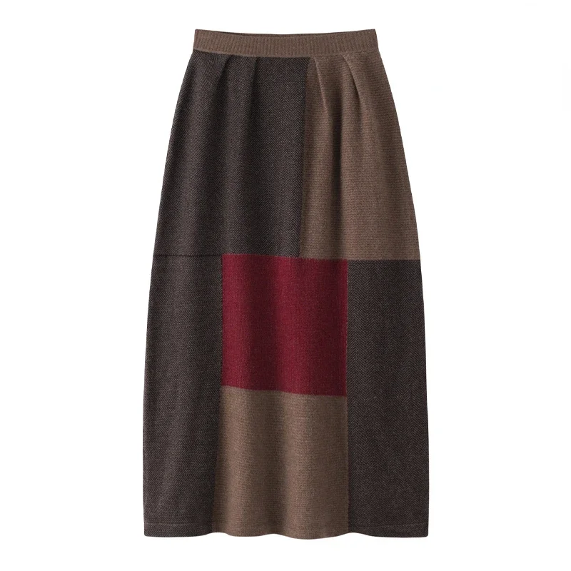 

100% Cashmere Patchwork Vintage Long Skirts for Women Korean Fashion Clothing A-LINE Mid-Calf Knitted High Waist