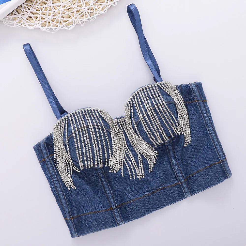 Fish Bone Denim Tube Top Design Sense Niche Tassel Bright Diamond Sling Outer Wear Chest Pad Jumping Top Women
