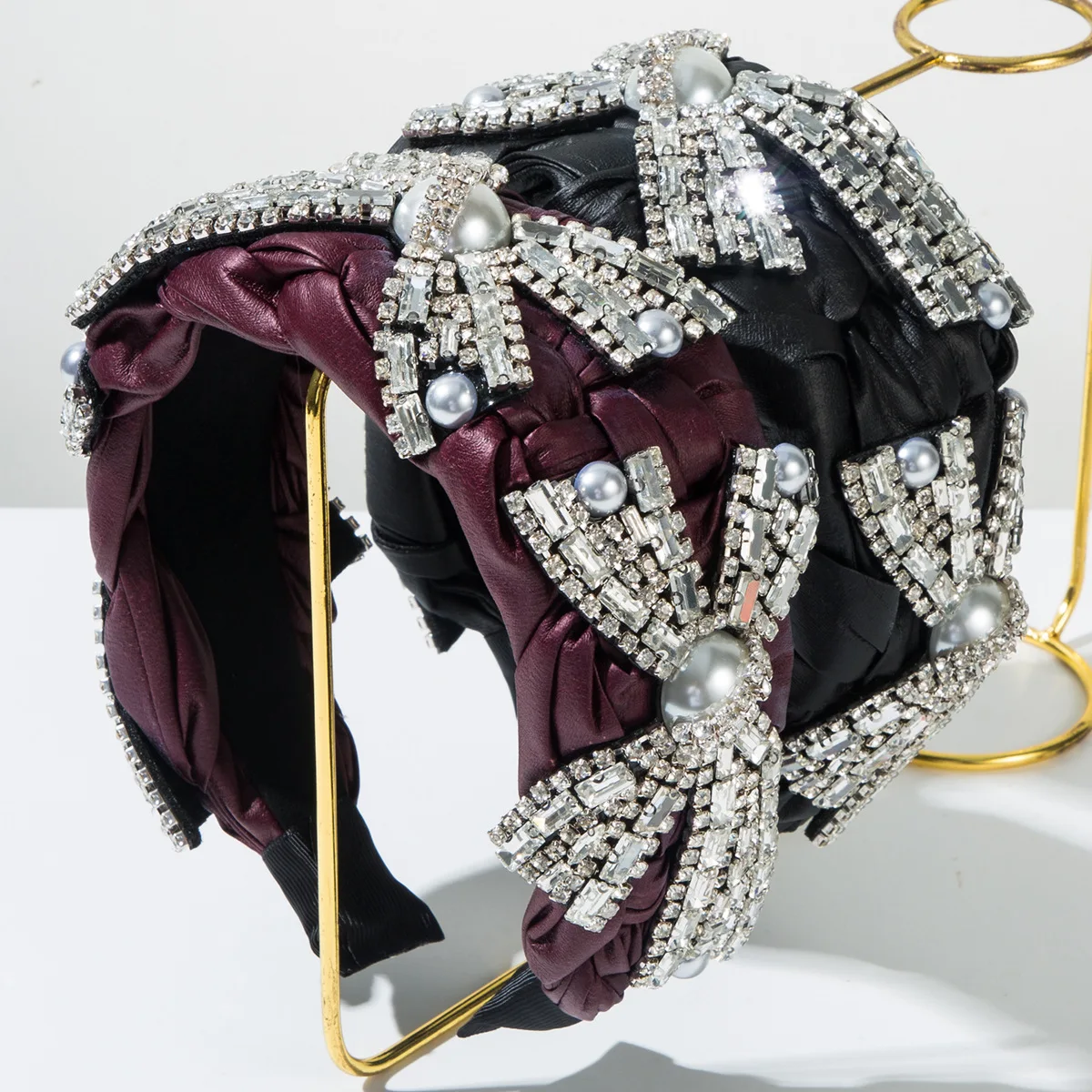 New Fashion Heavy Industry Leather Headband Full Diamond Pearl Bow Light Luxury Headband Ball Beautiful Hair Accessories Women