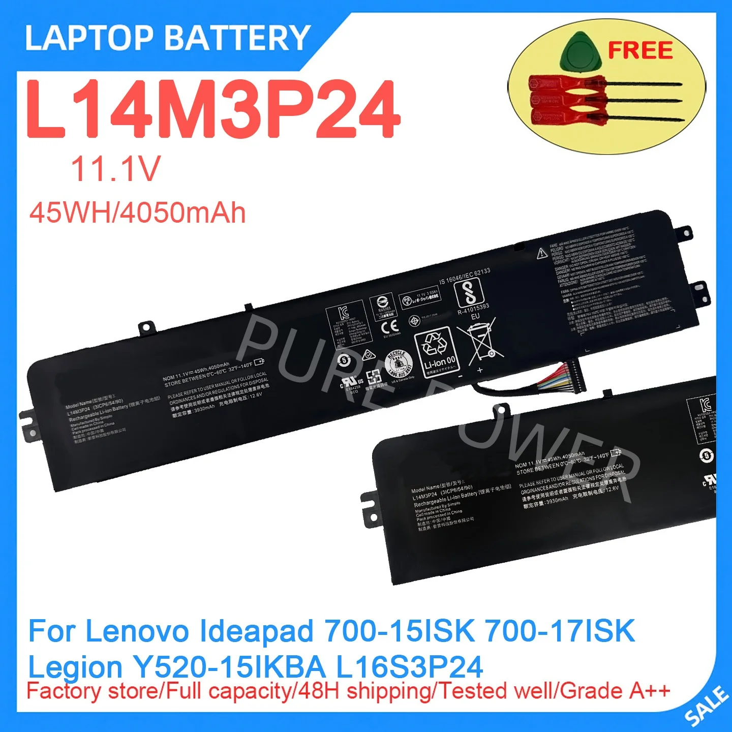 New Laptop Battery L14M3P24 11.1V 45WH 4050mAh High Quality For Lenovo Ideapad 700-15ISK 700-17ISK Legion Y520-15IKBA L16S3P24