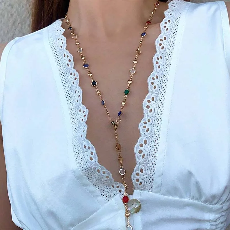 Vintage Y-Shaped Long Chain Necklace for Women Light Luxury Colorful Crystal Pendant Necklace Aesthetics Party Jewelry Gifts