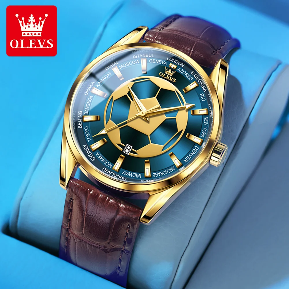 

OLEVS Sports Soccer Dial Quartz Watch for Men Leather Waterproof Luminous Mens Watches Top Brand Luxury Wristwatch Relojes Hombr