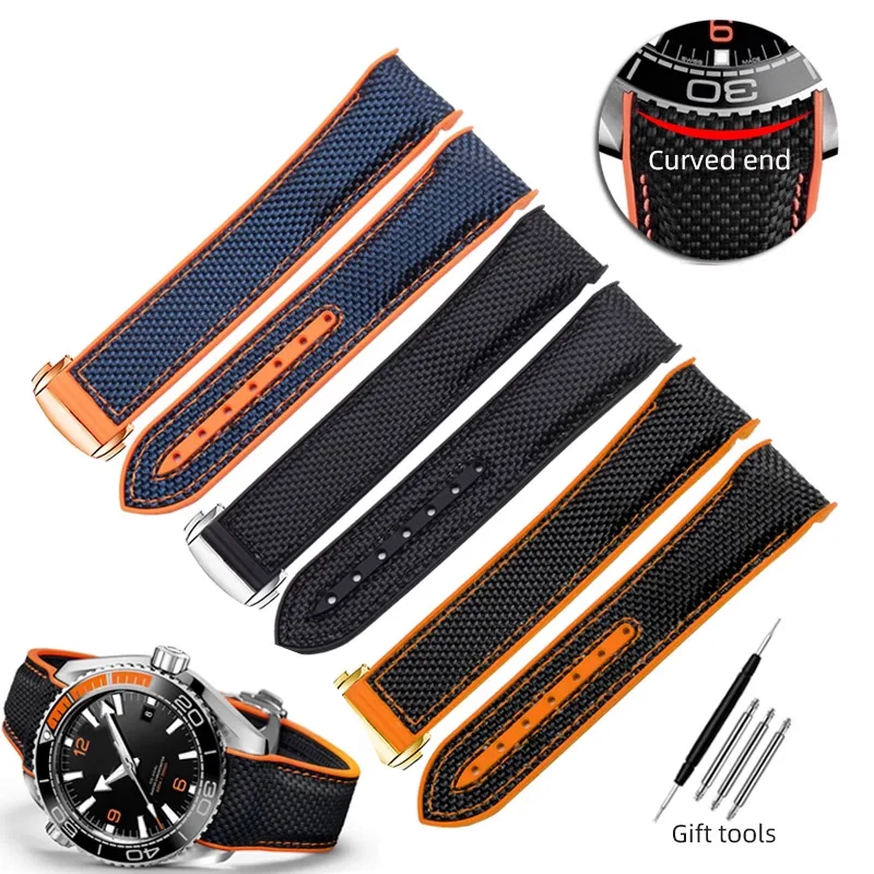 20mm 21mm 22mm Curved end Strap For Omega Seamaster 300 Observatory Ocean Universe 600 Orange Nylon Silicone Watch Band Bracelet