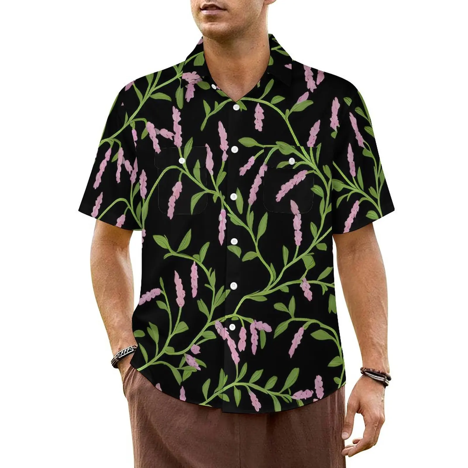 

Pink Floral Print Beach Shirt Male Green Leaves Cool Casual Shirts Hawaii Short Sleeve Streetwear Plus Size 6XL 7XL Blouses Gift