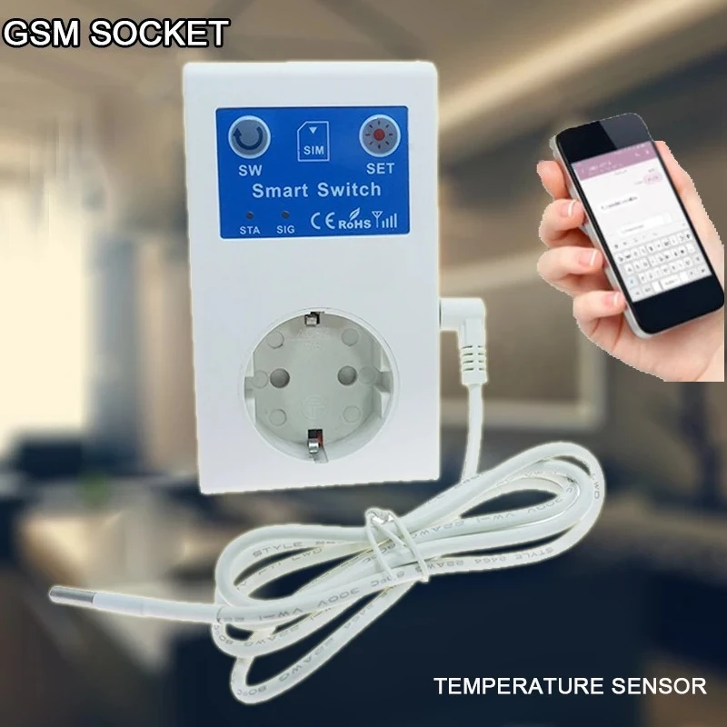 EU Plug Smart GSM Power Outlet Plug Socket with Temperature Sensor SMS Command Control , Power SMS Feedback when power off