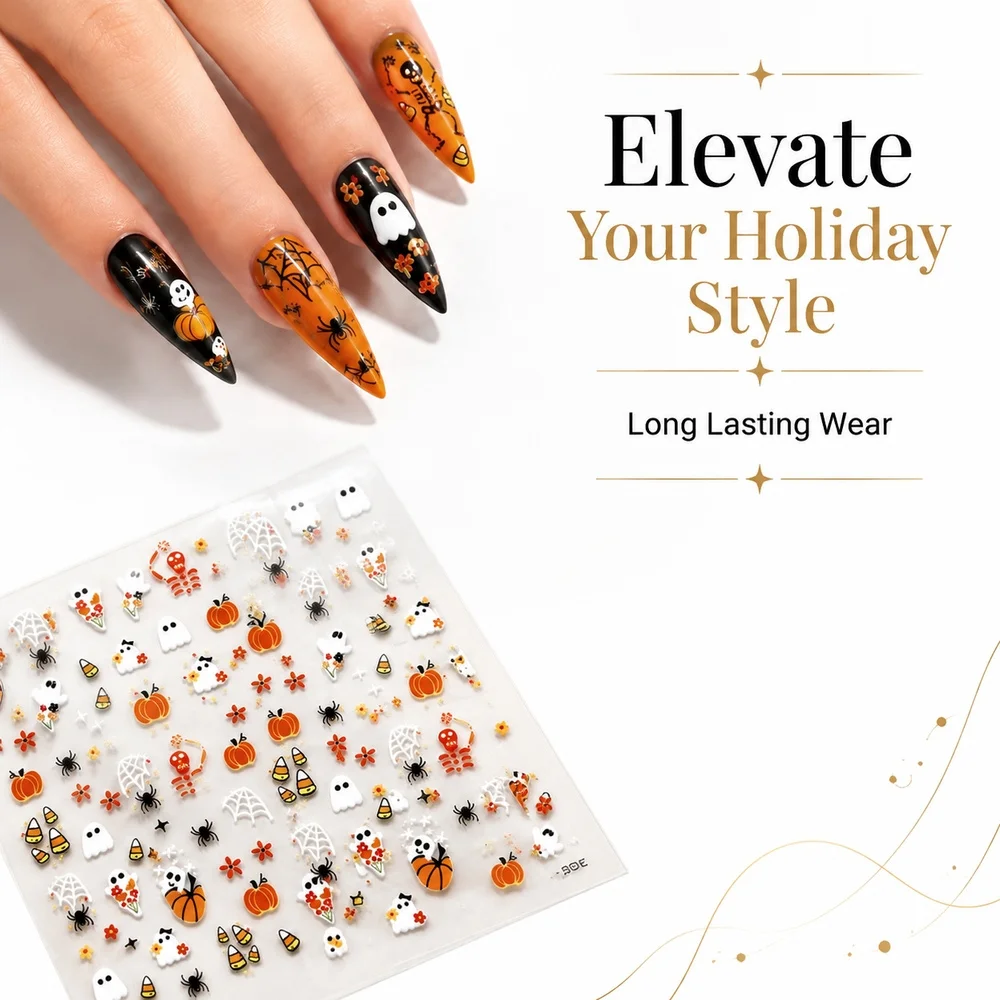 1Sheet Cartoon Fall Halloween Nail Stickers Stereo Dancing Skeleton Pumpkin Floral Ghost Waterproof Self Adhesive Nail Supplies
