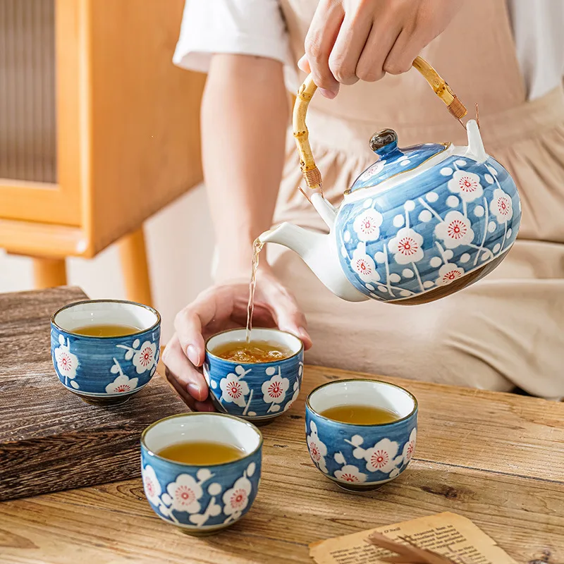 

High temperature hand-painted ceramic tea set, one pot, four cups, large capacity tea making pot, household and commercial flowe