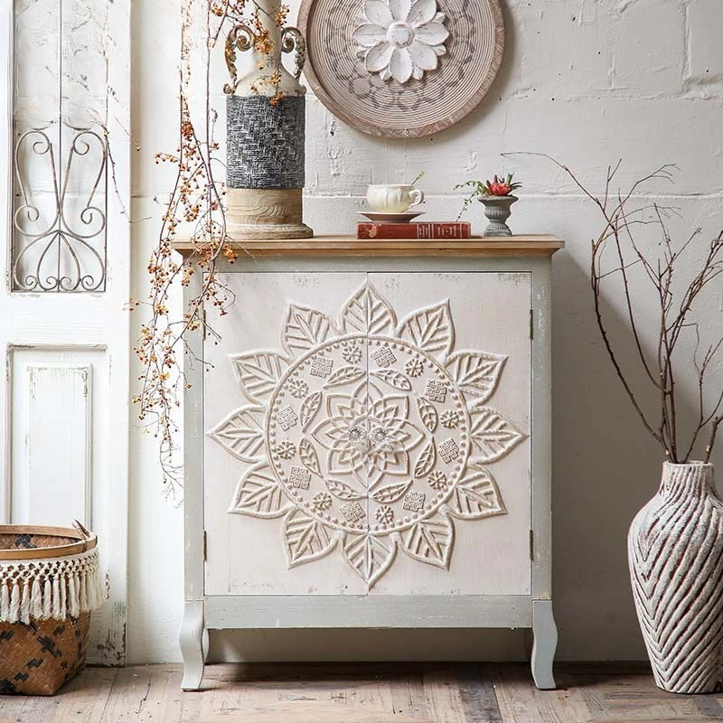 French retro relief painting shoe cabinet restaurant sundries storage cabinet old carved solid wood locker B & B decoration