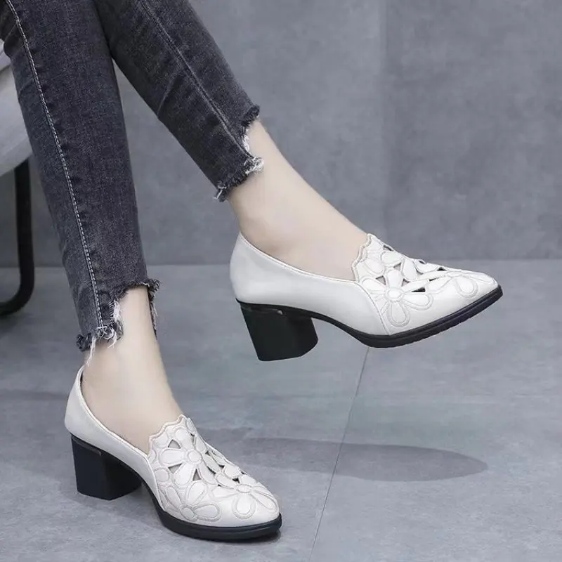 Mid Heel Shoes Women Heels Wedding PU Leather Hollow Out Black Square Heel Formal Shoes Office Lady Spring Fall Zapatos Plus Siz