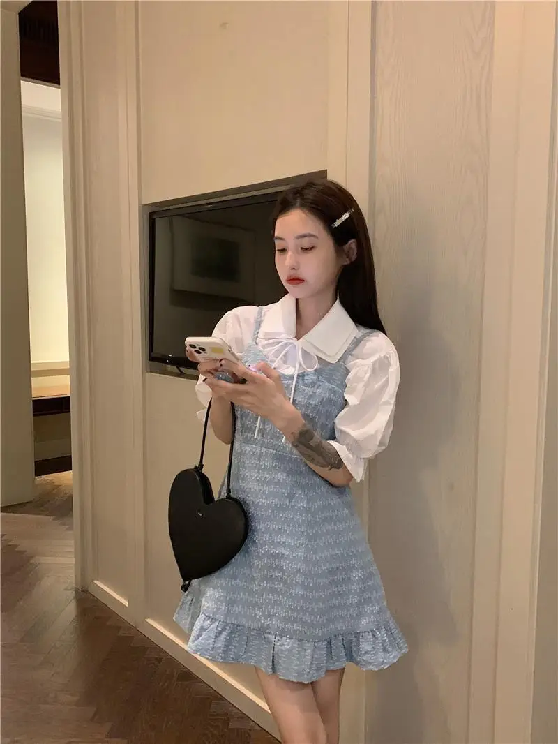 Suspender Dress Sets Women Chic Fashion Elegant Office Lady Outfits 2 Piece Korean Fall Basic Simple Female Shirts Vestido