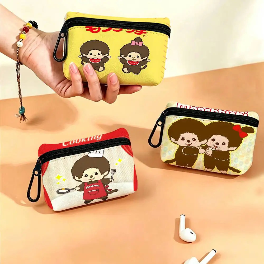 Anime M-Monchhichi Compact Oxford Cloth Zipper Pouch Detachable Carabiner Mini Coin & Key Wallet