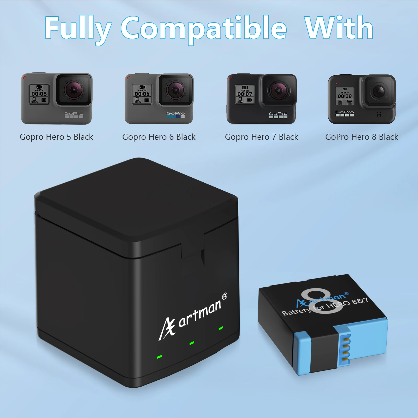 Artman For GoPro Hero 8 hero 7 hero 6 hero 5Black Battery or Triple Charger for Go Pro Hero8- hero5 Black camera battery Charger