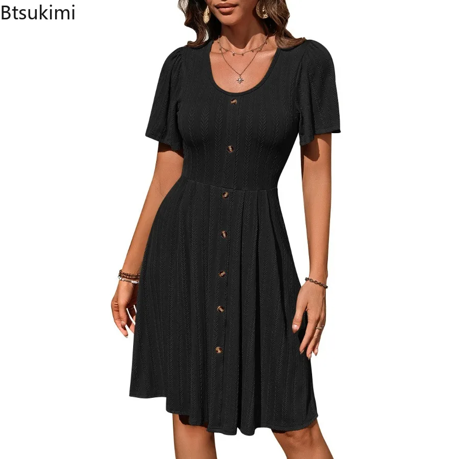 2024 Women's Summer Casual Short Sleeve Dress Solid Button Front Knee Length Elastic Dress Female Loose Soft Maxi Dress Vestido