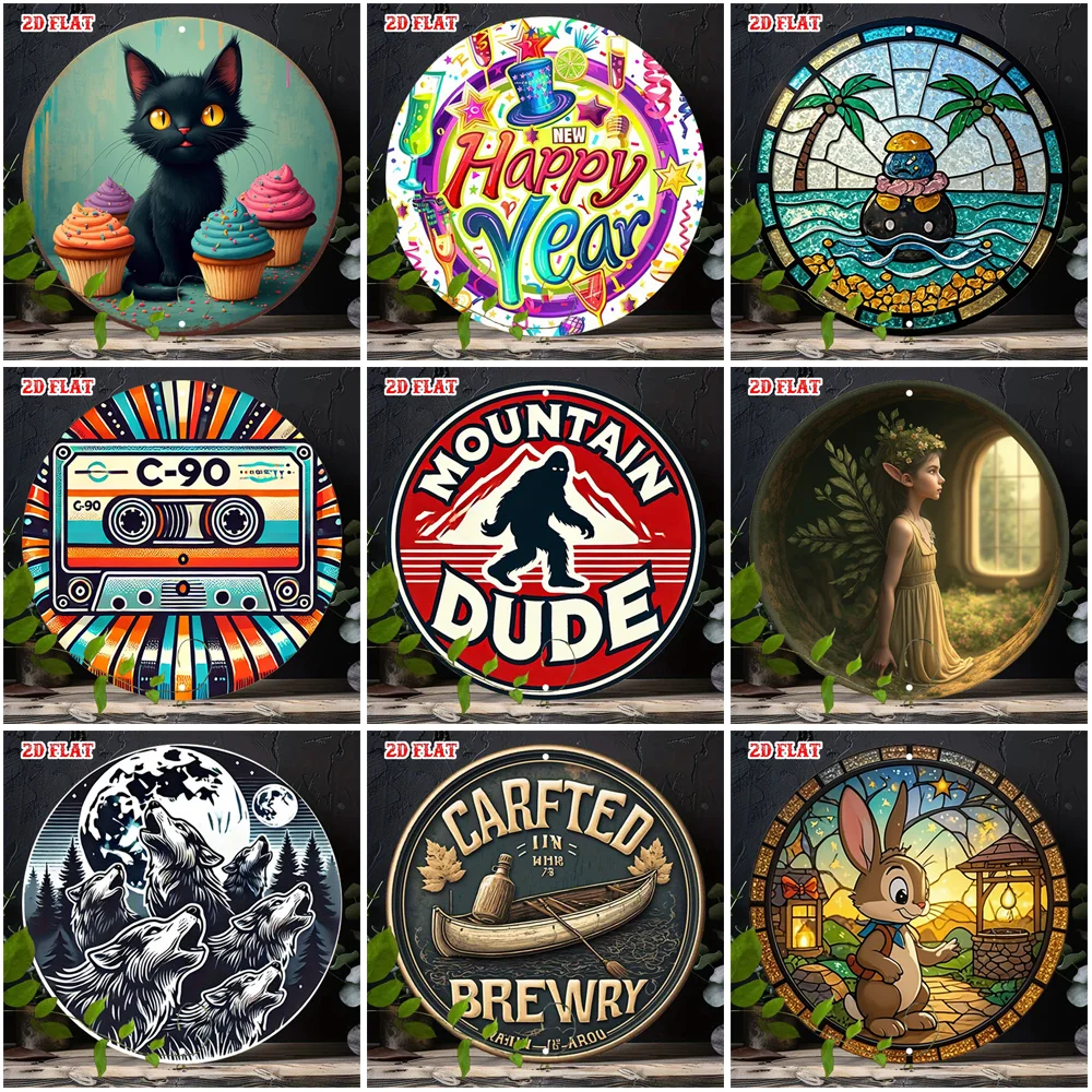 2D Flat Round Metal Tin Sign Vintage Stained Glass Animal Holiday Retro Text Pattern Wall Decor Plaque For Home Bar Farm Indoo