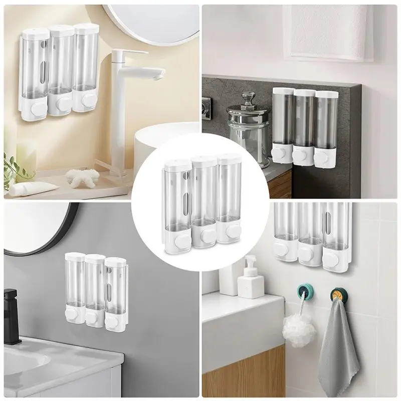 A89X Efficient Shower Soap Dispenser With 3 Chambers For Shampoo And Conditioner, Wall Hanging Model