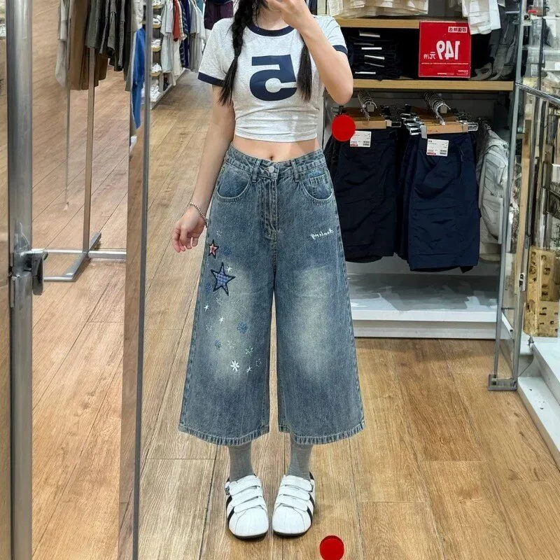 

Women s Jeans Women s Pants Star Embellished Wide Leg Cropped Denim High Waist Loose Fit Y2K Retro Summer Beach