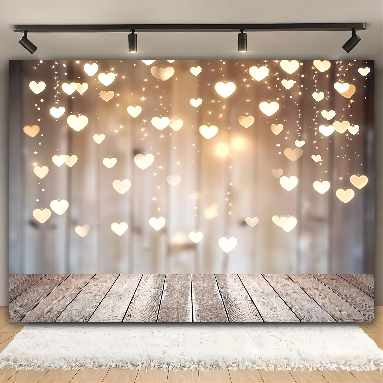 Polyester-Liebesherz und rustikaler Fotohintergrund aus Holz – ein vielseitiges Banner, geeignet für Hochzeiten und Brautpartys